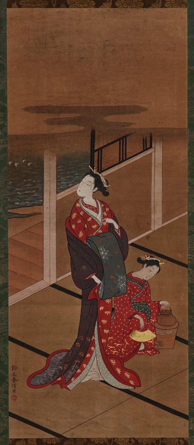 Interieur: Een Yujo en een bediende die water verwarmen, Edo-periode, 1615-1868 door Unbekannt