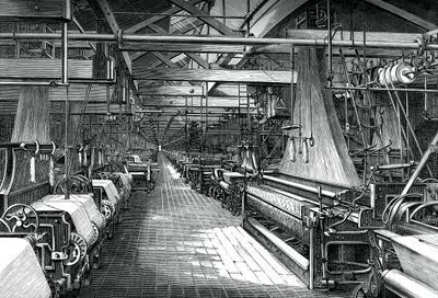 Interieur van de weefschuur, St Leonards fabriek, Dunfermline door Unbekannt