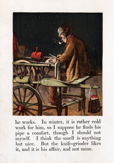 Rondreizende messenslijper die een mes slijpt door een slijpsteen met een pedaal te draaien, ca. 1867 door Unbekannt