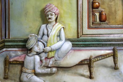 Jalaram Prathna hindoe tempel, Leicester. Kunstwerk dat het leven van Jalarambapa afbeeldt. Verenigd Koninkrijk door Unbekannt