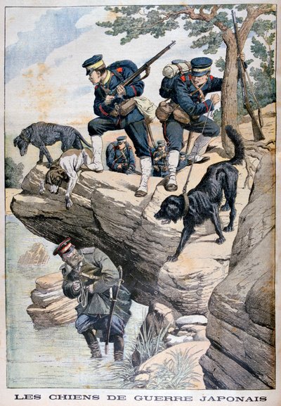 Japanse soldaten met honden vinden een Russische schuilplaats, Russisch-Japanse Oorlog door Unbekannt