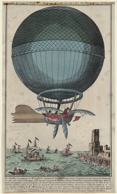 Jean Pierre Blanchard en John Jefferies arriveren in Calais na het oversteken van het Engelse Kanaal in een heteluchtballon, 1785 door Unbekannt