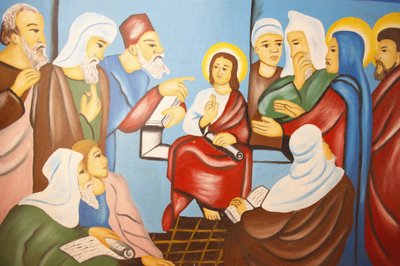 Jezus in de synagoge schilderij in Kpalime kathedraal, Lomé, Togo door Unbekannt