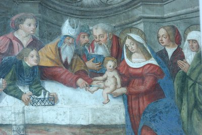 Jezus in de tempel fresco op de deur van de kathedraal van Sint-Maria, Aosta, Italië door Unbekannt