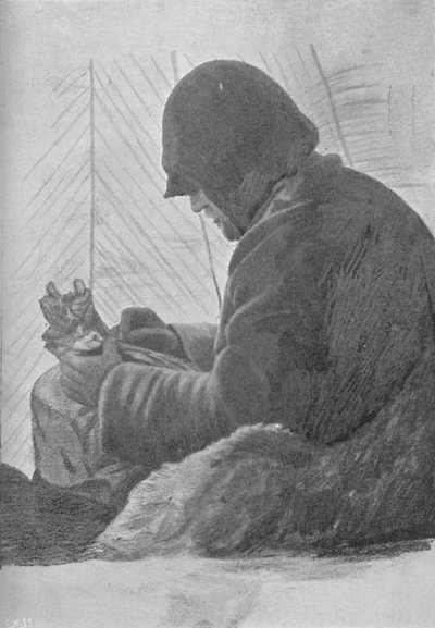 Johansen zittend in de slaapzak in de hut, ca. 1893-1896, 1897 door Unbekannt