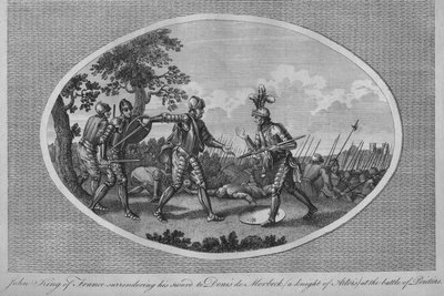 Jan II van Frankrijk geeft zijn zwaard over aan Denis de Morbeck bij de Slag bij Poitiers, 1356 door Unbekannt