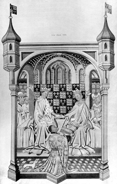 John Talbot, Graaf van Shrewsbury, presenteert een boek aan Margaretha van Anjou, ca. 1445, 1910 door Unbekannt