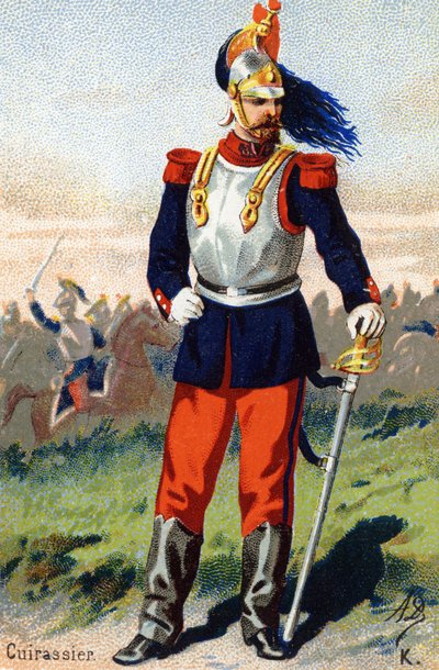 K: Cuirassier. Gravure in "Militair Alfabet". Initialen van de illustrator: A. D. Onbekende uitgever. Chromolithografieën eind 19e eeuw. Dim: 10,5x7cm door Unbekannt