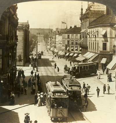 Karl Johanstraat, W.N.W. naar het Koninklijk Paleis, Christiania, Noorwegen, ca. 1905 door Unbekannt
