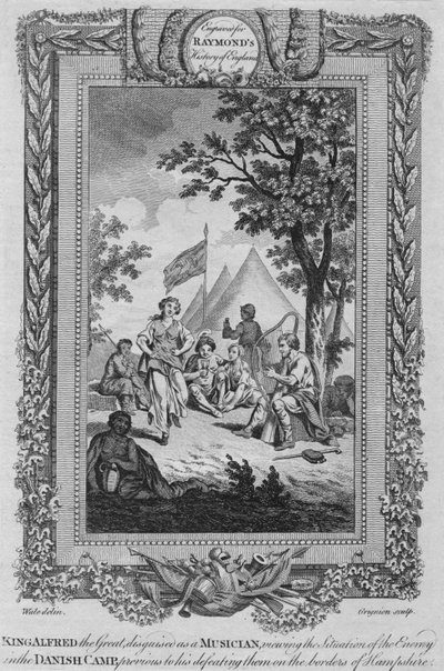 Koning Alfred de Grote, vermomd als muzikant, bekijkt de situatie van de vijand, ca. 1787 door Unbekannt
