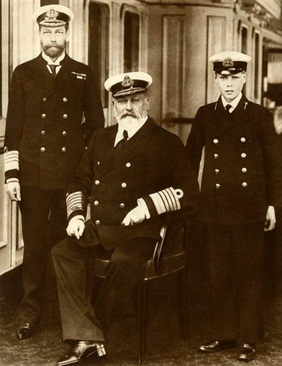 Koning Edward VII met zijn zoon George, Prins van Wales, en kleinzoon Prins Edward door Unbekannt