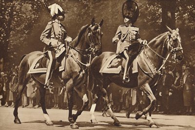 Koning Edward aan het hoofd van de Brigade van Wachten, draait zich onverstoorbaar om om te informeren naar revolver door Unbekannt