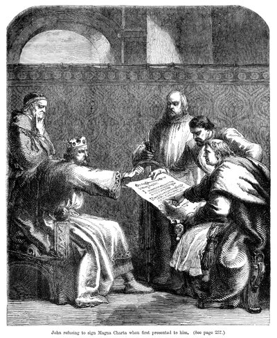 Koning Jan 1167-1216 weigert de Magna Carta te ondertekenen toen deze hem voor het eerst werd voorgelegd, 1215 door Unbekannt