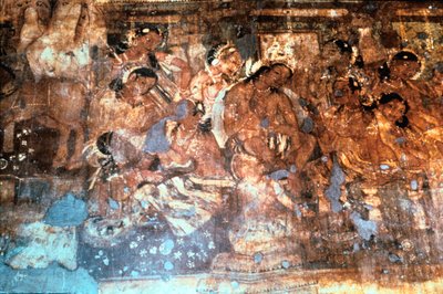 Koning Mahajanaka luistert naar koningin Vivali, Ajanta-grotfresco, India, 1e-5e eeuw na Christus door Unbekannt