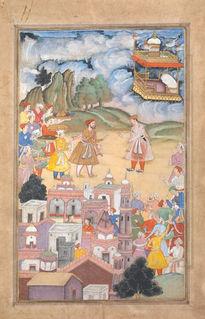 Koning Sal bezoekt Kala Yavana, Folio uit een Harivamsa-legende van Hari Krishna, ca. 1590-95 door Unbekannt