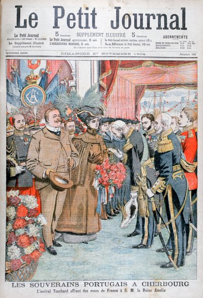 Koning en Koningin van Portugal, gepresenteerd met bloemen door Admiraal Touchard, 1904 door Unbekannt