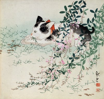 Kitten in gras en loof bloemen - Japanse prent door Unbekannt