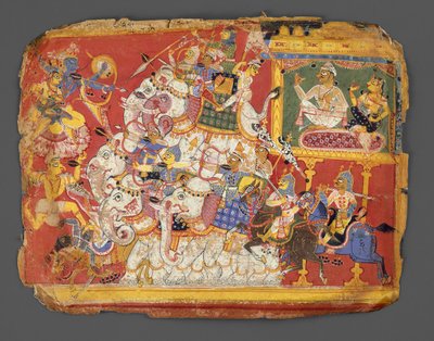 Krishna vecht tegen de legers van de demon Naraka: Pagina uit een Bhagavata Purana-manuscript, ca. 1540 door Unbekannt