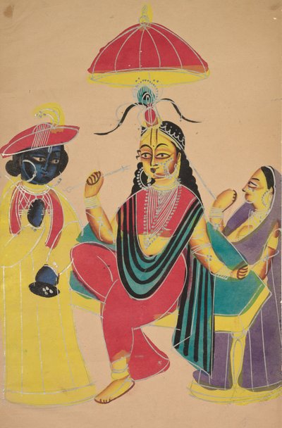 Krishna staat bij Radha die op een stoel zit, 1800s door Unbekannt