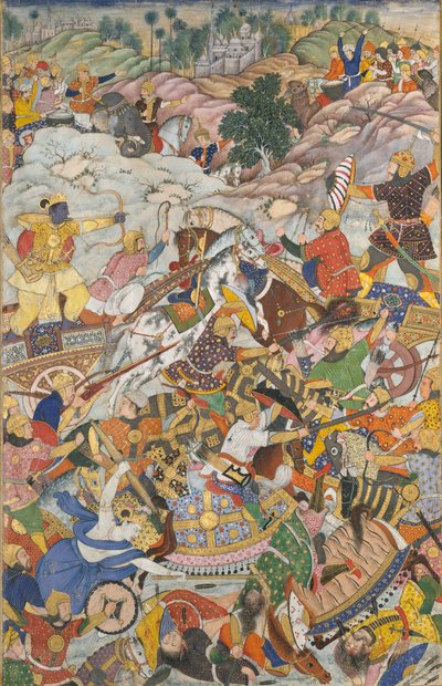 Krishna en Balarama Vechten tegen de Vijand, Folio uit een Harivamsa De Legende van Hari, c1590-95 door Unbekannt