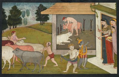 Krishna en Lakshmana brengen het vee naar de weide, pagina uit de Bhagavata Purana door Unbekannt