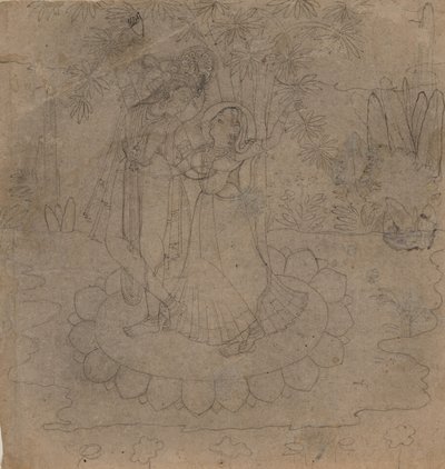 Krishna en Radha Staand op een Lotus, late 19e-begin 20e eeuw door Unbekannt