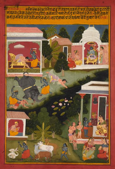 Krishna als de Vernietiger van Demonen, pagina uit Surdass Sursagar, ca. 1700 door Unbekannt