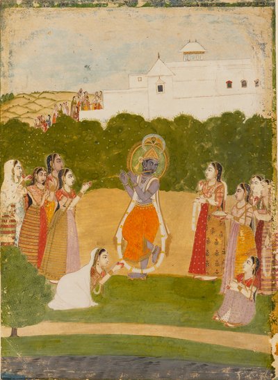 Krishna naast een rivier die fluit speelt, ca. 1720 door Unbekannt