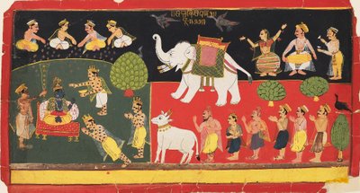Krishna vereerd door Indra die aankomt op een witte olifant, ca. 1720 door Unbekannt