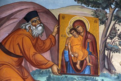 Kykkos-klooster, Cyprus. Fresco. Monnik draagt een heilig icoon, Pedoulas, Cyprus door Unbekannt