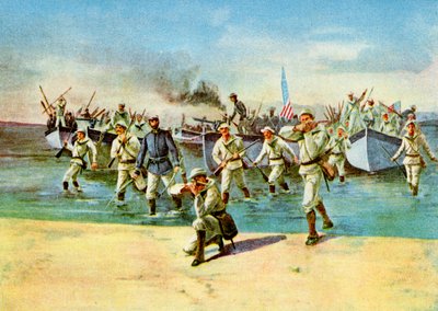 Ammunitie lossen voor de opstandelingen, onder vuur, Spaans-Amerikaanse Oorlog, Cuba, 1898 door Unbekannt