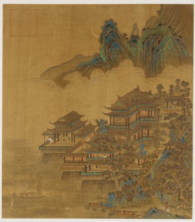 Landschap: een paleis tussen meer en bergen, Ming of Qing-dynastie, 17e eeuw door Unbekannt
