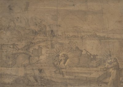 Landschap met Sint Christoffel en mannelijke monnik door Unbekannt