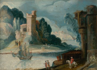 Landschap met een rivier en een kasteel door Unbekannt