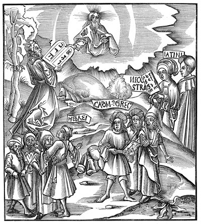 Talen: Mozes ontvangt van God de tafelen van de wet in het Hebreeuws, 1512 door Unbekannt