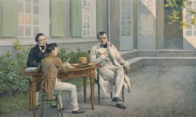 Las Casas en zijn zoon schrijven de geschiedenis van Napoleon onder zijn dictaat, ca. 1815, 1896 door Unbekannt