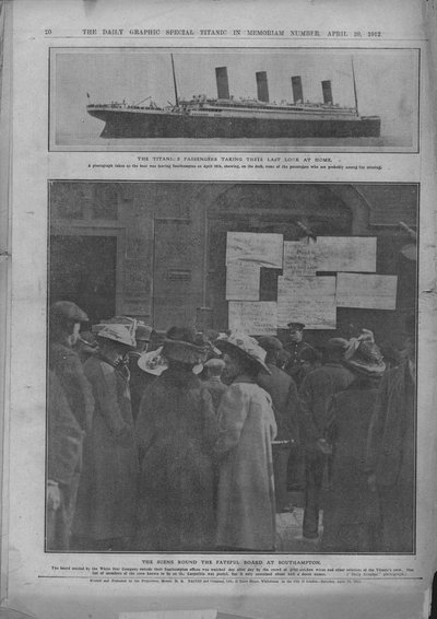 Laatste blik op huis, en Het noodlottige bord in Southampton, 20 april 1912 door Unbekannt