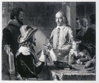 De Engelse arts William Harvey (1578-1637) toont koning Karel I Stuart van Engeland (1600-1649) de theorie van de bloedsomloop door Unbekannt