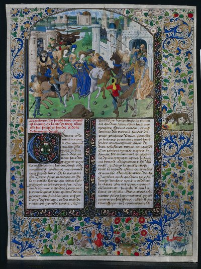 Blad uit Jehan de Courcys Chronique Universelle: Koning Priamus ontmoet Helena en Paris, ca. 1470 door Unbekannt