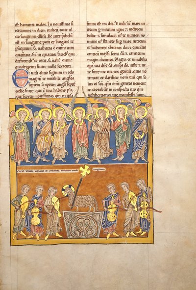 Blad uit een Beatus-manuscript: zeven engelen houden de bekers van de zeven laatste plagen, ca. 1180 door Unbekannt