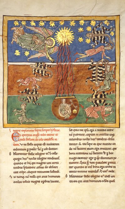Blad uit een Beatus-manuscript: bij de klaroen van de vijfde engelentrompet door Unbekannt