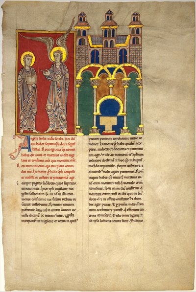 Blad uit een Beatus-manuscript: de engel van de kerk van Sardis met Sint Jan door Unbekannt