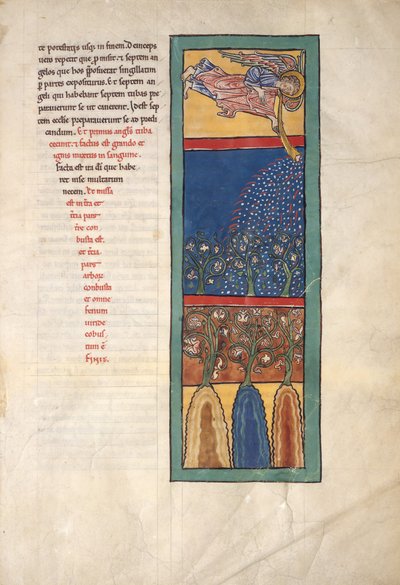 Blad uit een Beatus-manuscript: de Eerste Engel Blaast de Trompet door Unbekannt