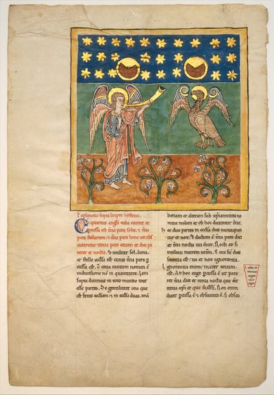 Blad uit een Beatus-manuscript: de vierde engel blaast op de trompet en een adelaar..., ca. 1180 door Unbekannt