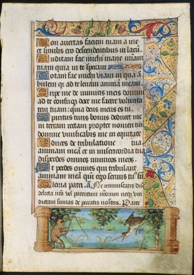 Blad uit een Getijdenboek: Aap aan het vissen, c. 1500-1510 door Unbekannt