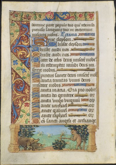 Blad uit een Getijdenboek: Apen jagen op wilde zwijnen, ca. 1500-1510 door Unbekannt