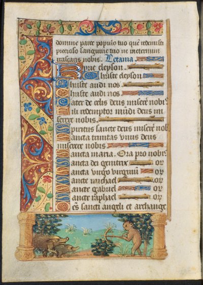 Blad uit een getijdenboek: Aap jaagt op wilde zwijnen recto en aap vist verso, ca. 1500-1510 door Unbekannt