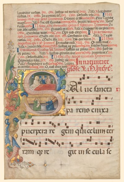 Blad uit een Graduale: Historiated Initial S[alve Sancta Parens] met Geboorte van de Maagd recto door Unbekannt