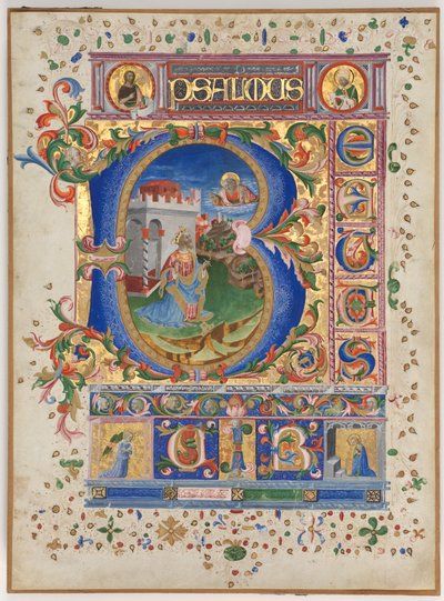 Blad uit een Psalter met Geïllustreerde Initiaal B: Koning David, ca. 1450 door Unbekannt