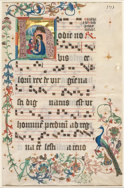 Blad uit een antifonarium: Initiaal H met de Geboorte recto en tekst verso, c. 1480 door Unbekannt